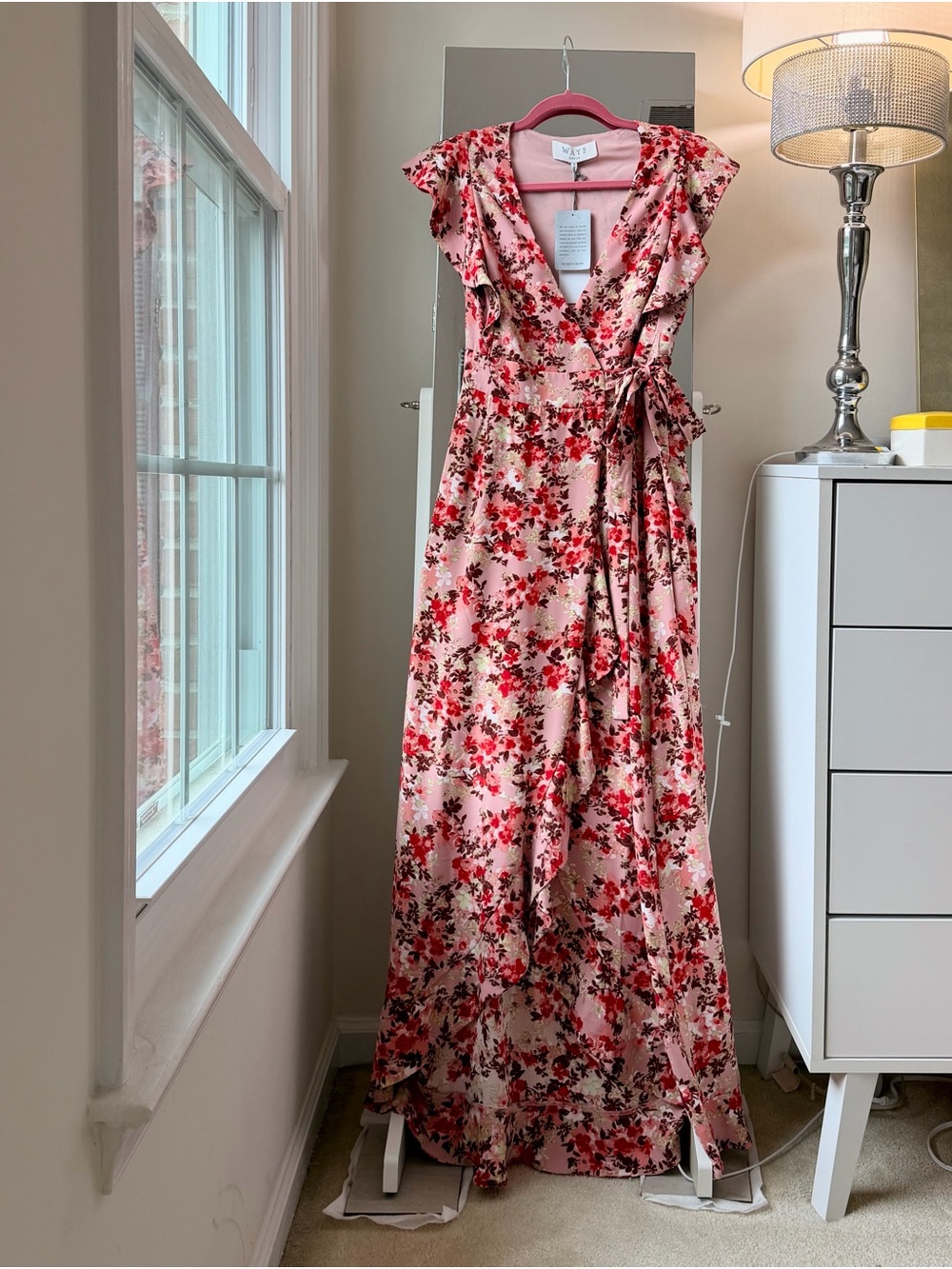 WAYF Floral Pink Wrap Maxi Dress with Ruffle Shoulders